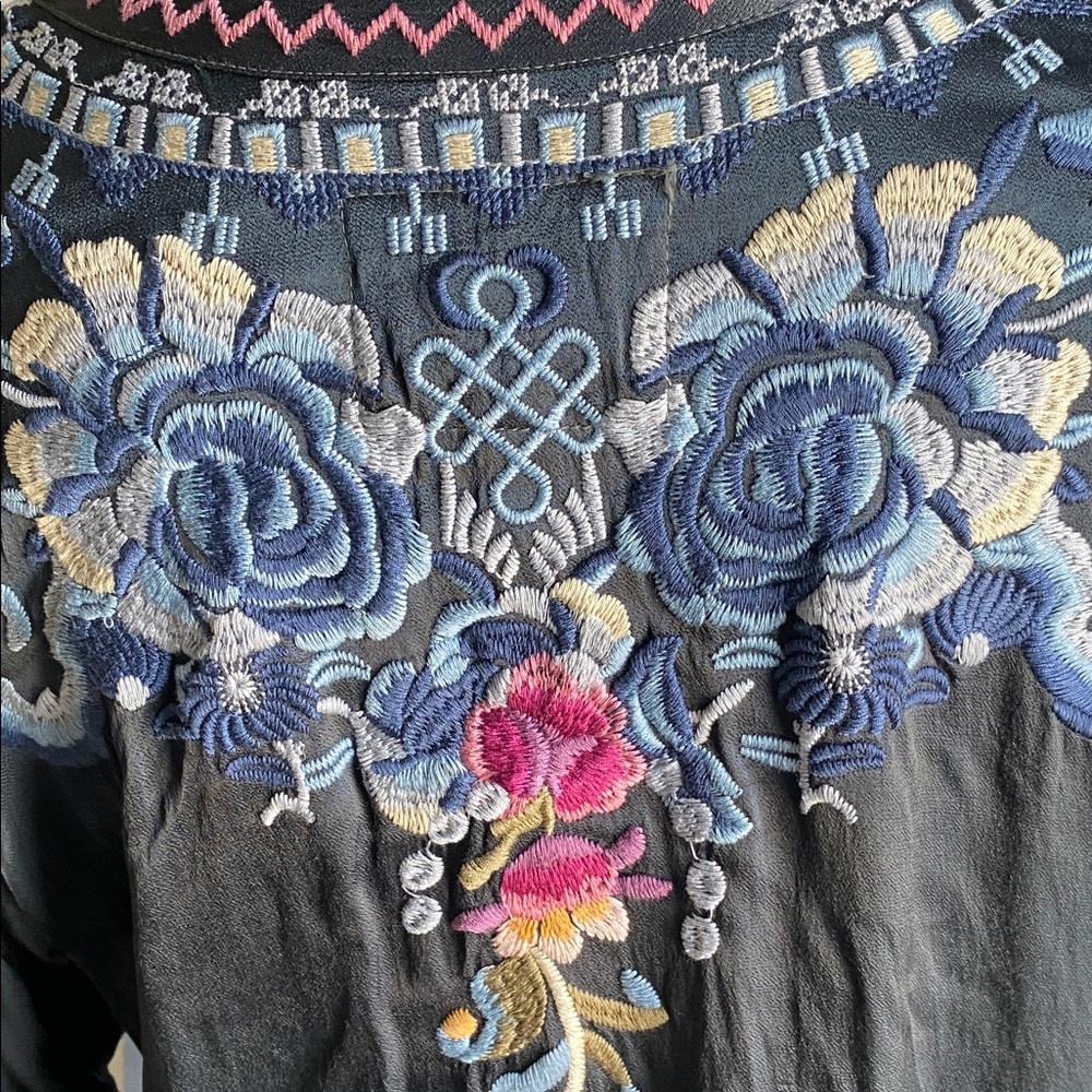 Johnny Was Black Top with Blue and Pink Floral Embroidery - Picture 4 of 7